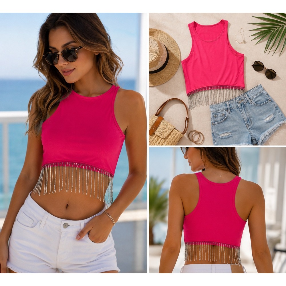 Y2K Pink Rhinestone Fringe Tank Top  Crop Bling Festival Party